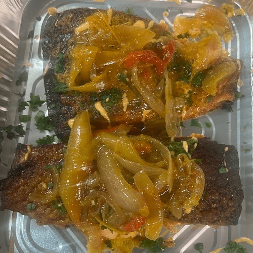 Dry Rice With Fried Salmon.