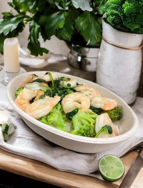 Grilled Seasoned Shrimp Over Cilantro Lime White Rice with Broccoli &Spinach.