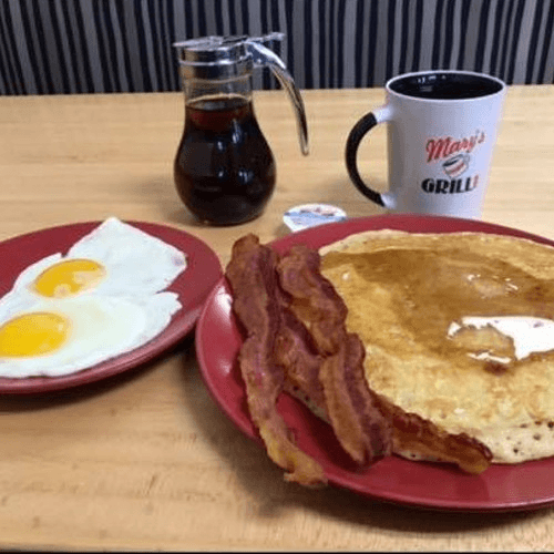 Pancake, 2 Eggs W/ side of meat and Coffee