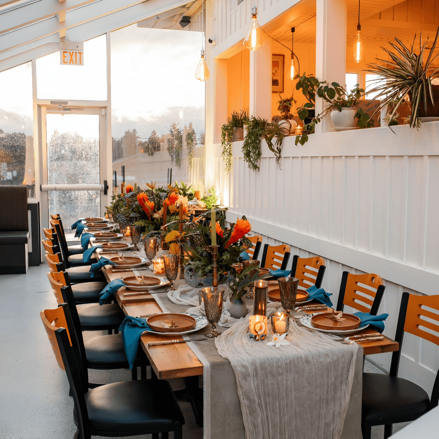 Cozy, air-conditioned patio seating perfect for group dinners