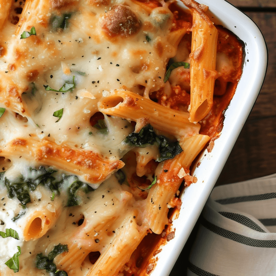 Baked ziti pasta tray.