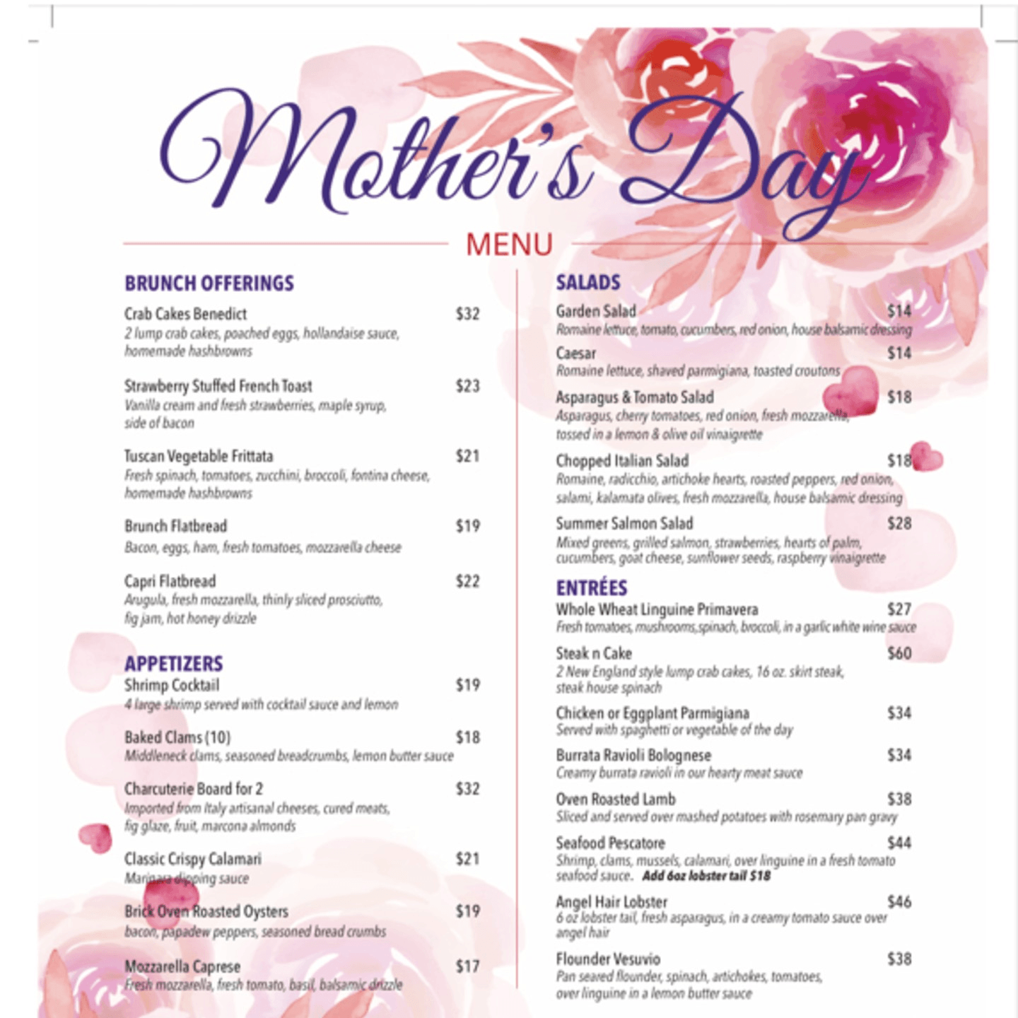 Mothers Day Menu