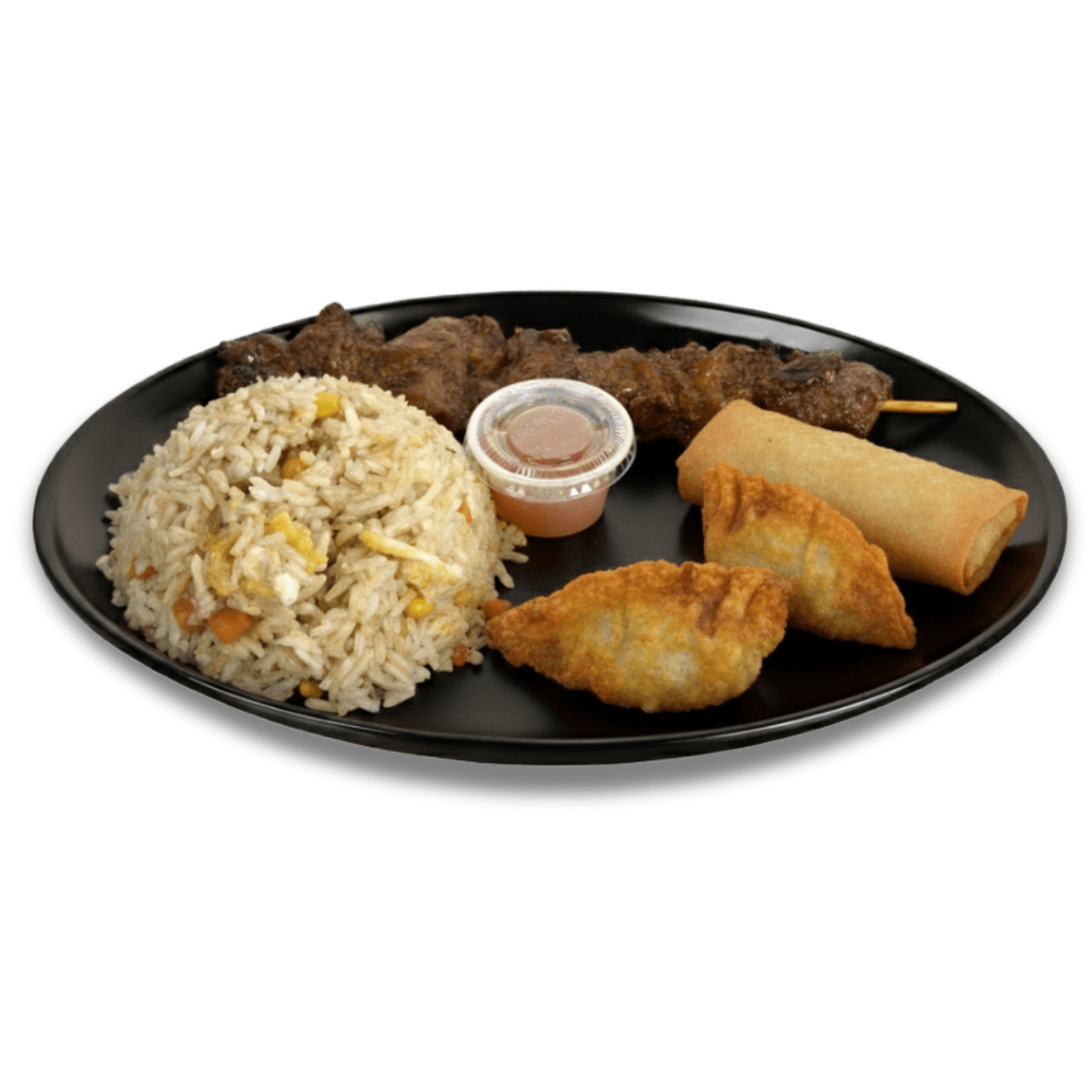 C8 - Fried rice, 2 pieces of dumplings, 1 Piece Lumpia & BBQ Skewer.