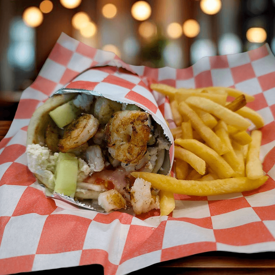 Greek Pita Wrap With Grilled Shrimp.