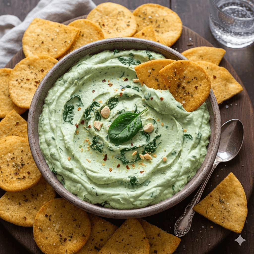 Cream Of Spinach Dip With Pita Chips.