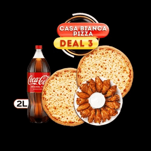 2 Large Cheese Pizzas, 10 wings & 2 lite Soda.