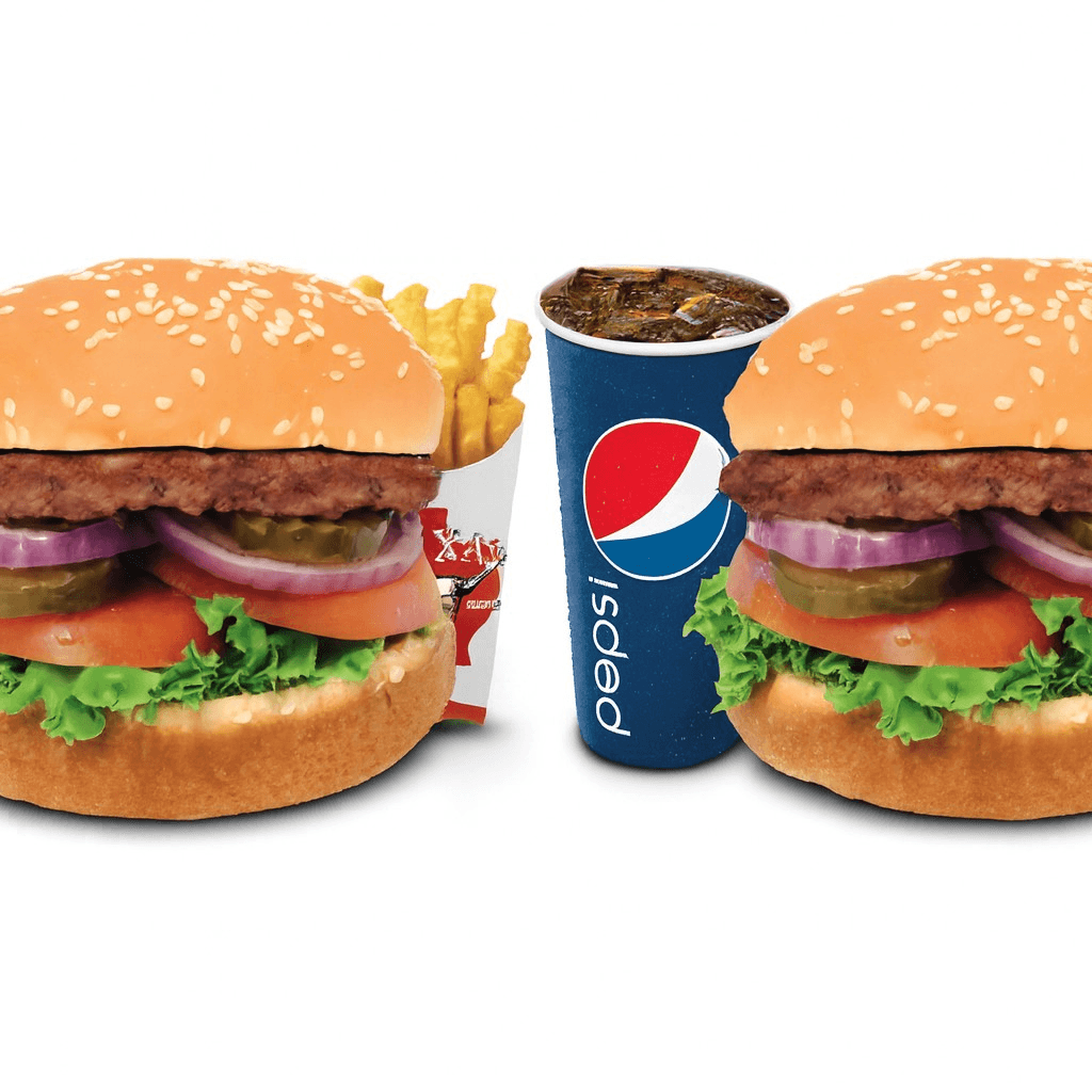 2 Deluxe Burgers, 2 Fries & 2 Drinks.