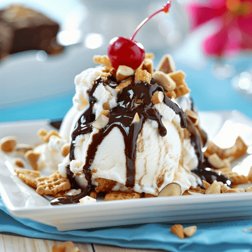 Vanilla Ice Cream Drizzled with Chocolate Syrup.
