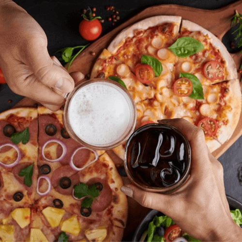 2 Large 2 Topping Pizza, 2 Liter Soda.