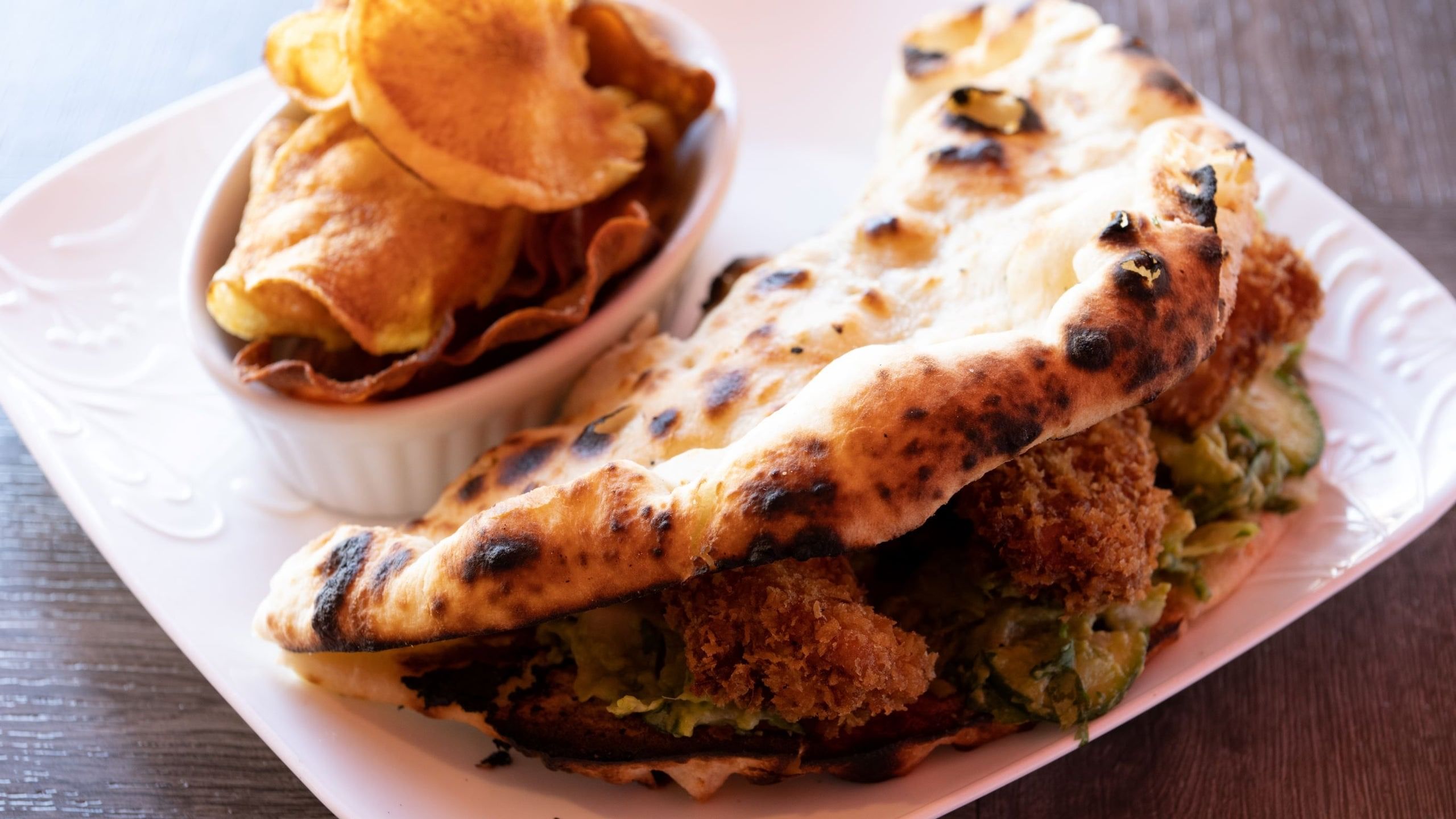 Bengal Chicken Naan Vaj (Sandwich), and Veggie Fritters.