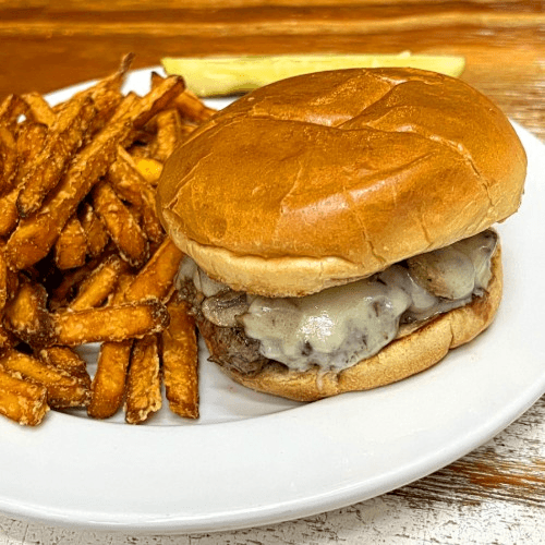 "The Main" Mushroom and Swiss Burger.