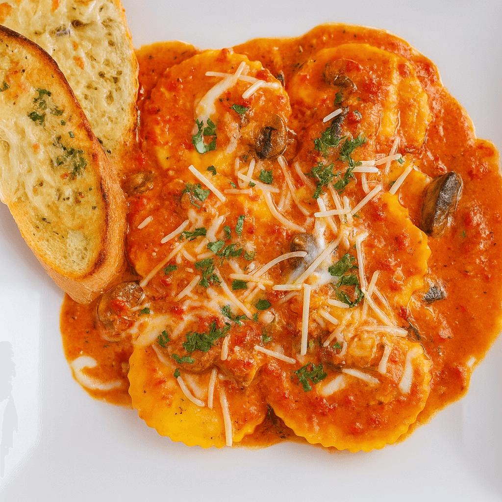 Jumbo cheese ravioli with roasted Red pepper cream sauce.