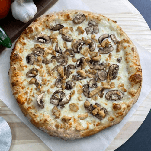 Chicken Alfredo Pizza.