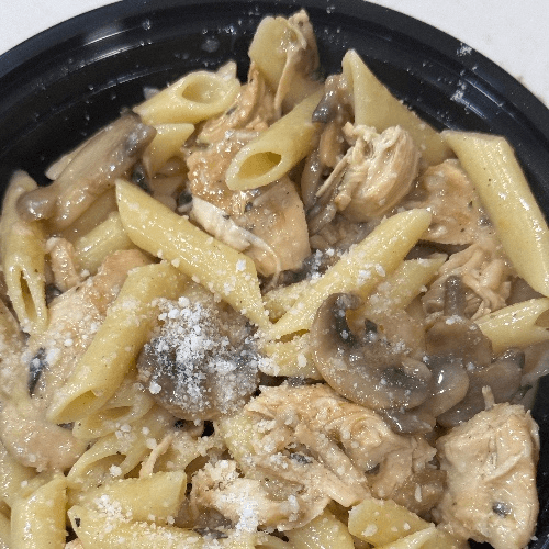Ziti and Chicken Marsala with Mushrooms in A Marsala Wine Sauce.