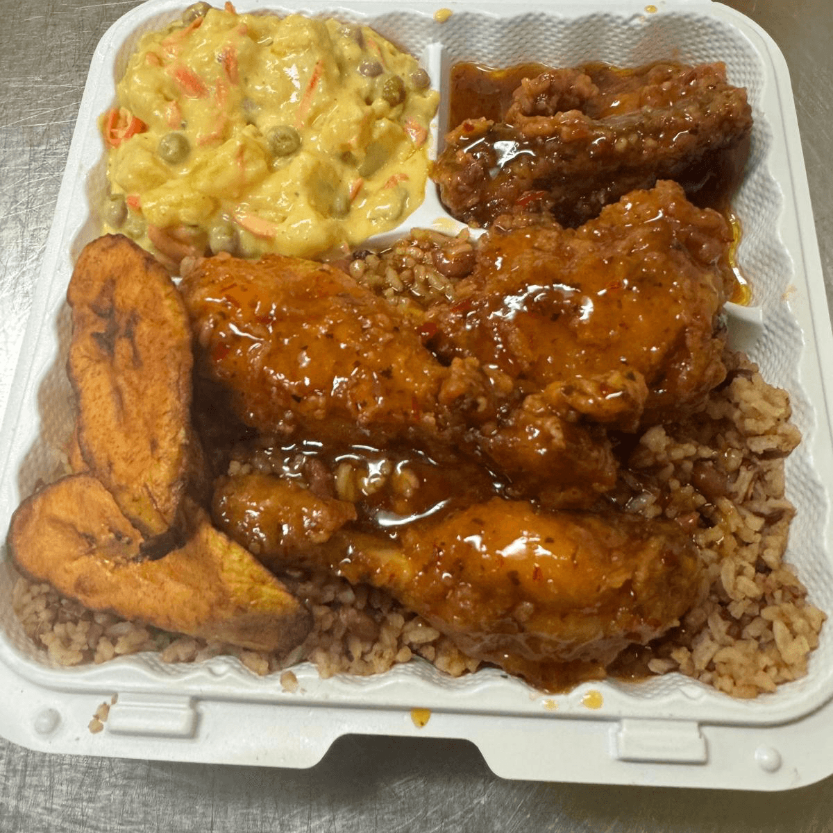 Sweet Chili Mango Glazed Fried Chicken Combination Meal.
