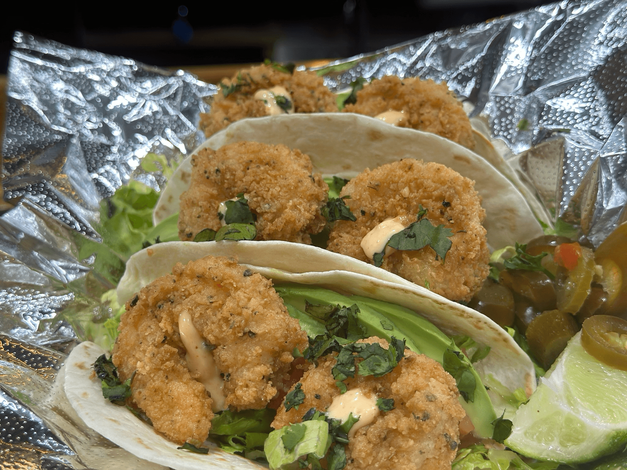 Shrimp Po'boy Style Tacos.