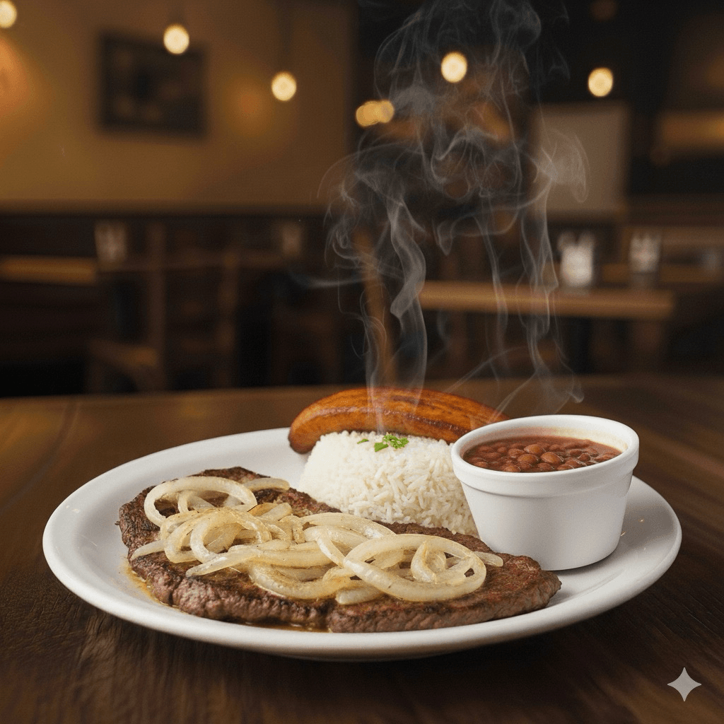 Bistec Encebollado/Grilled Steak With Sautéed Onions.