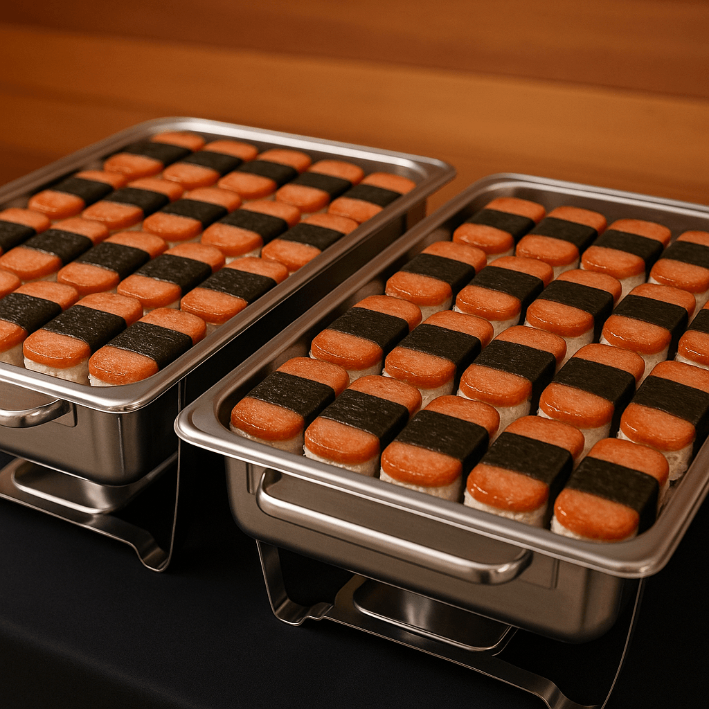 Spam Musubi Half pan serves 10 people.