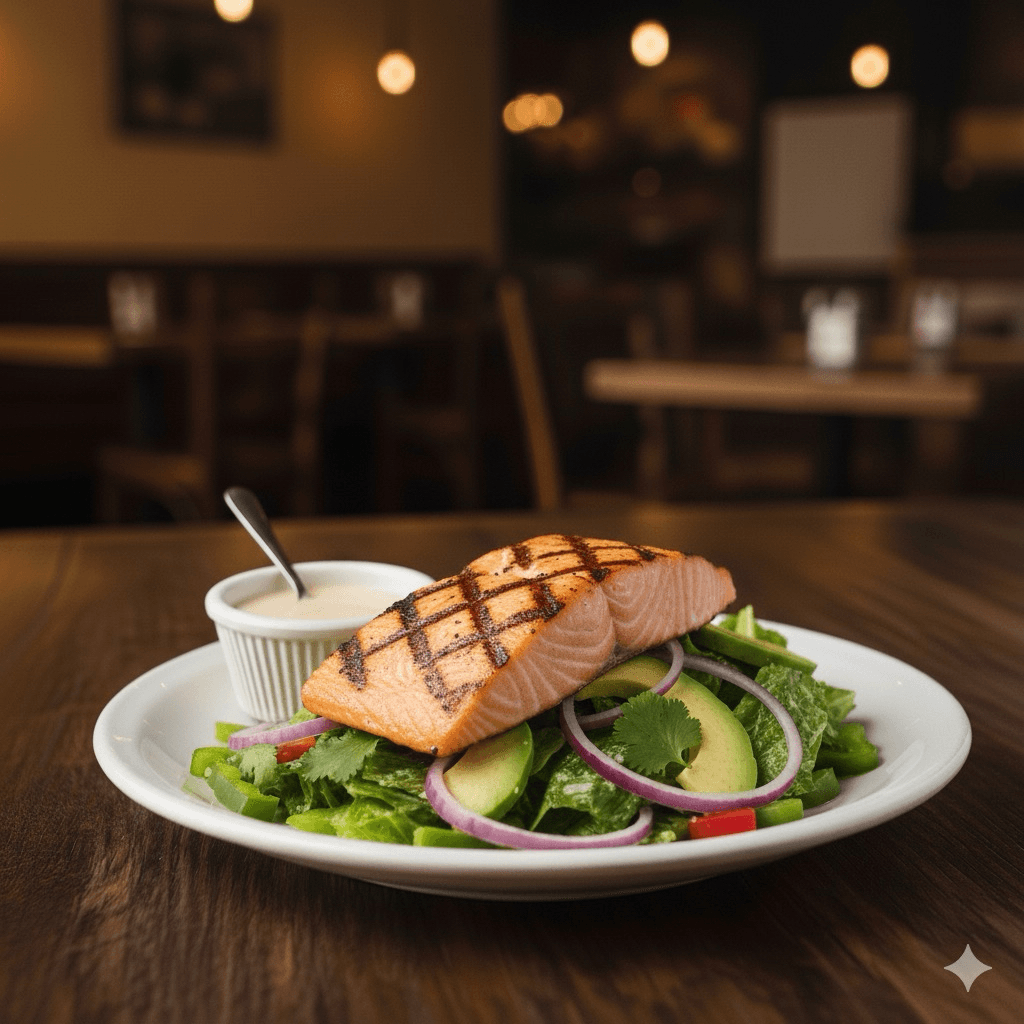 Ensalada Saoco Con Salmon/Saoco Salad With Grilled Salmon.