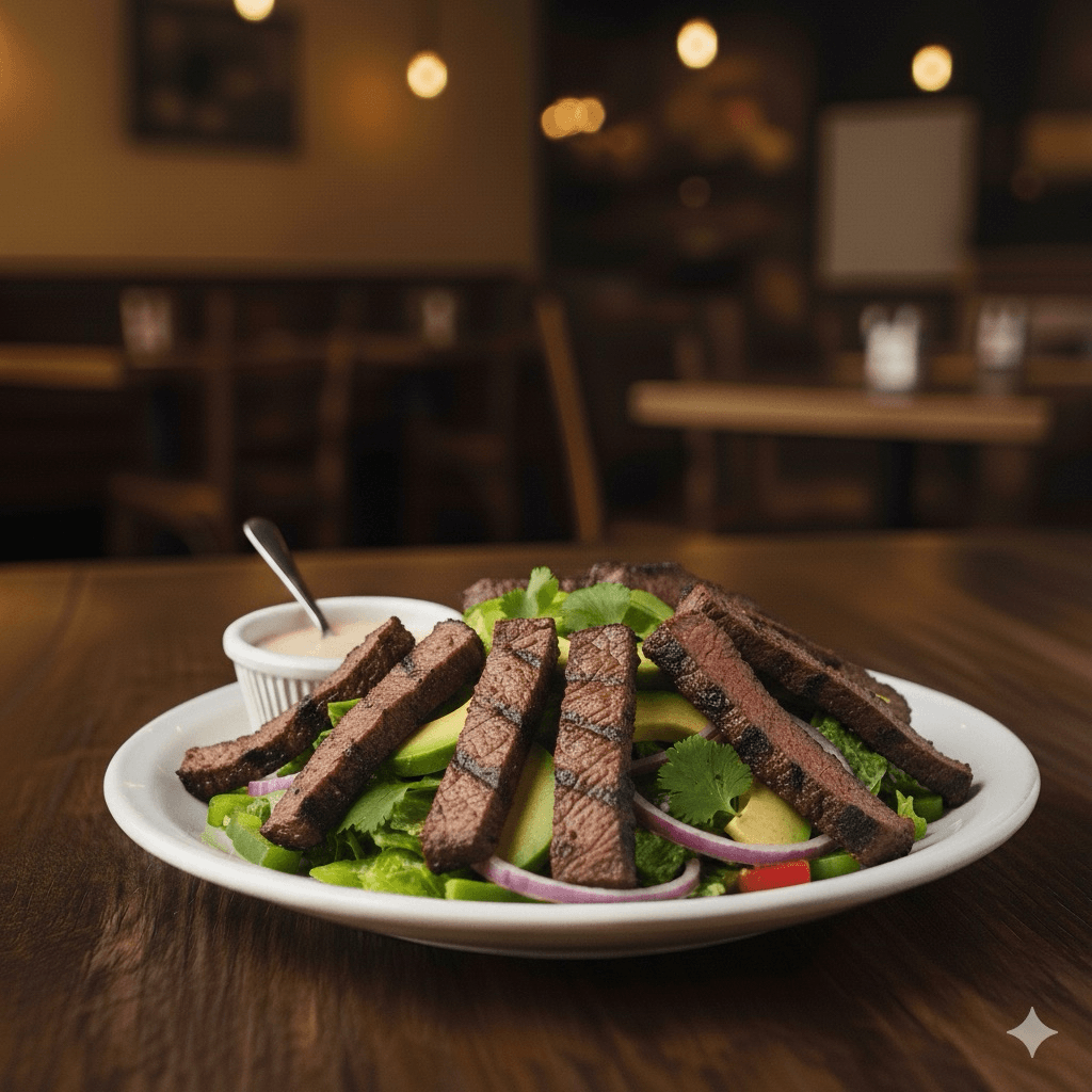 Ensalada Saoco Con Carne Asada/Grilled Steak Over Saoco’s Salad.