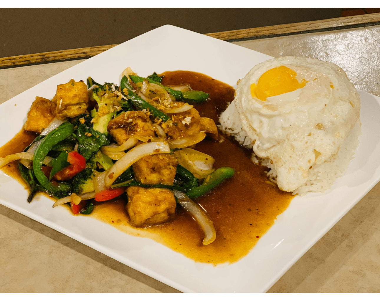 Spicy Basil Over Rice and Egg.