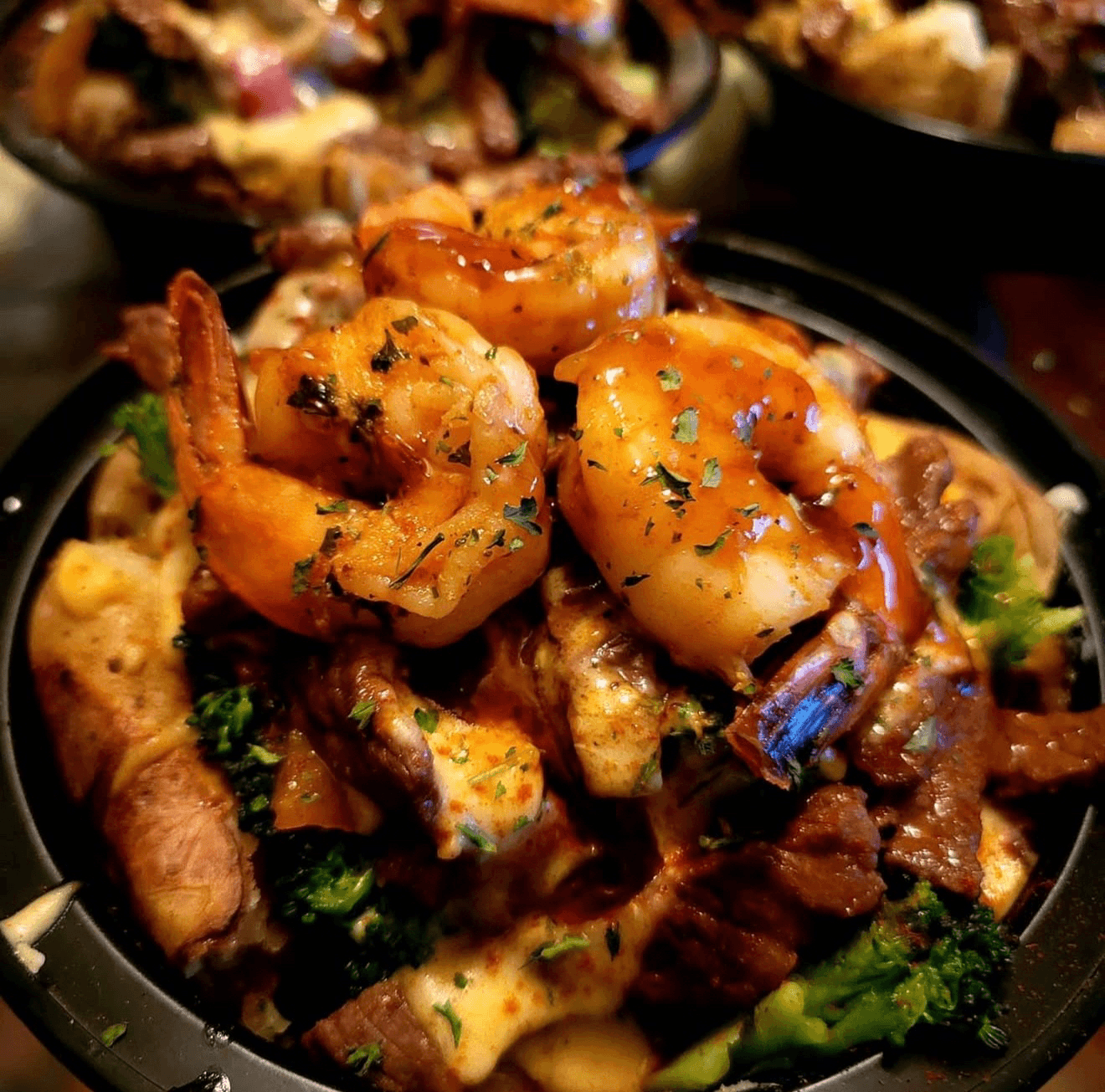 “Bobby Brown” Steak & Shrimp Stir-Fry Loaded Potato.