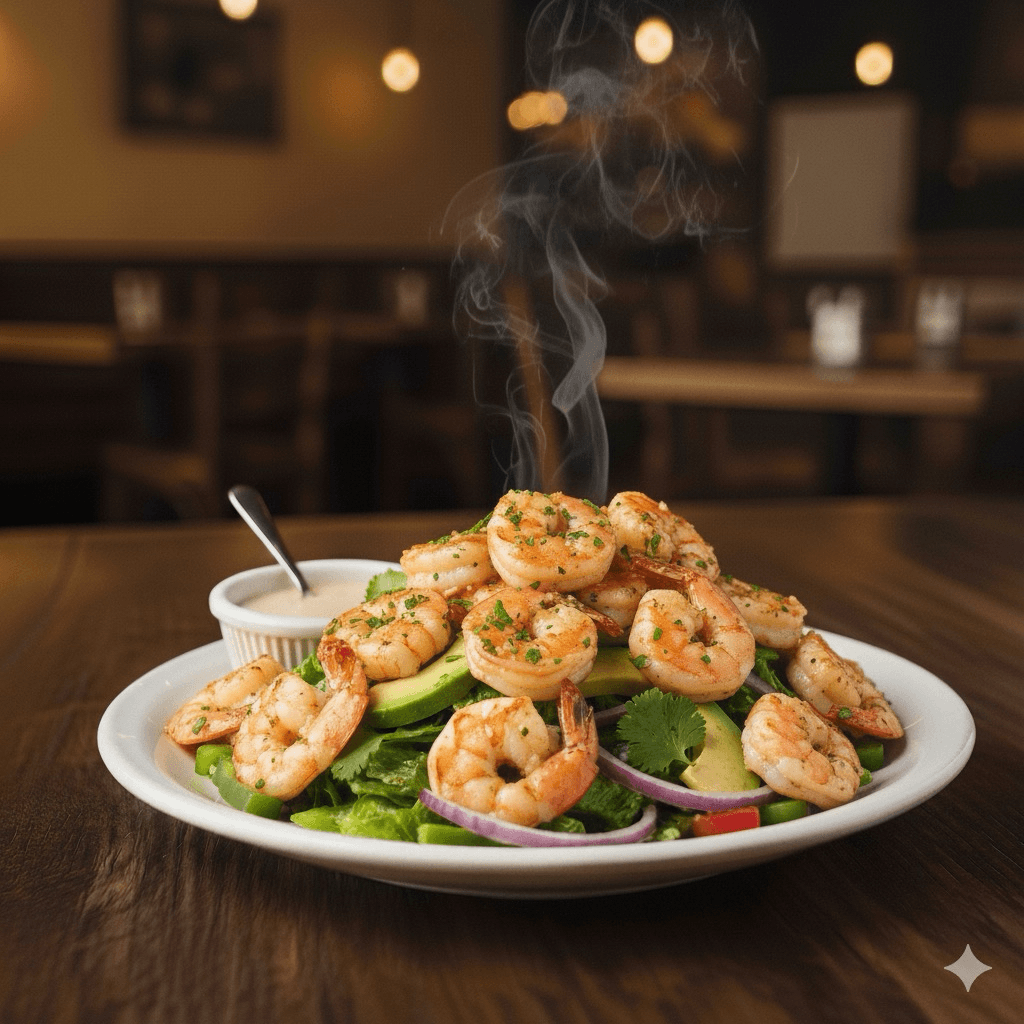 Ensalada Saoco Con Camarones al Ajillo/ Shrimp Scampi Over Saoco’s Salad.