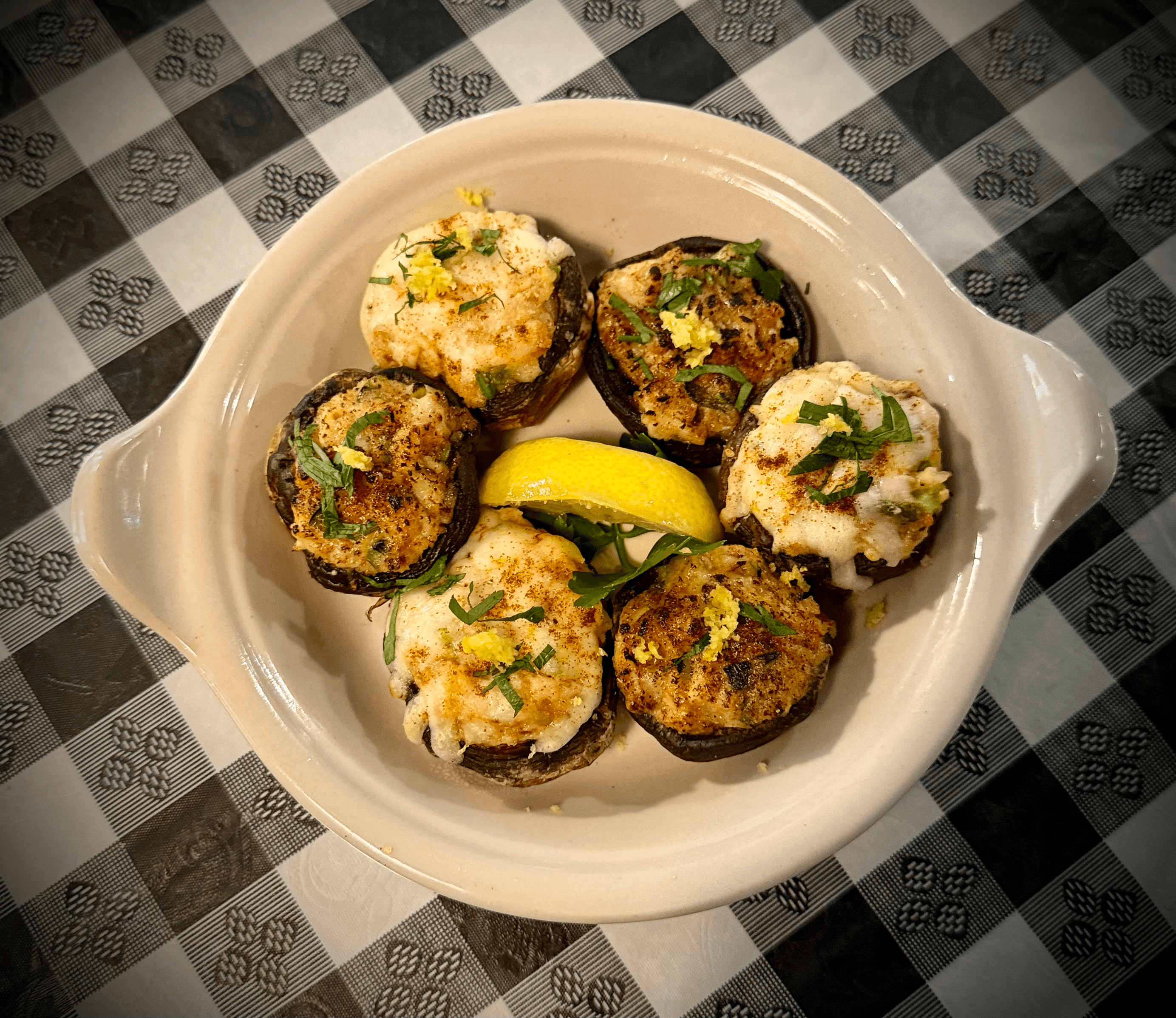 Cheesy crab stuffed Mushrooms.
