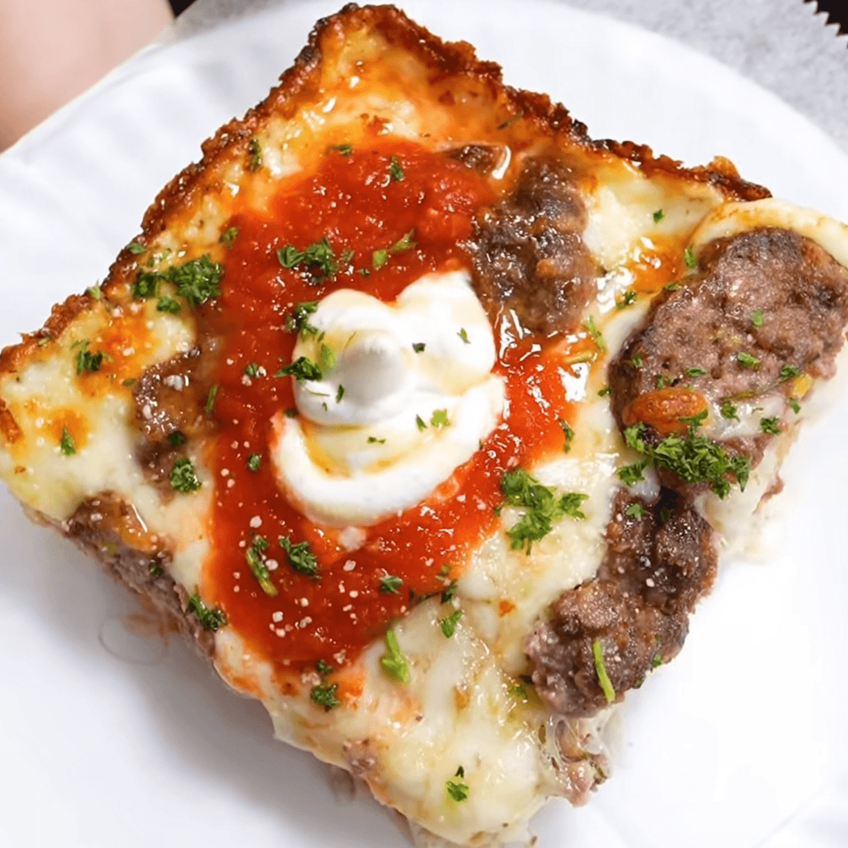 Merry Meatball Detroit Pizza.