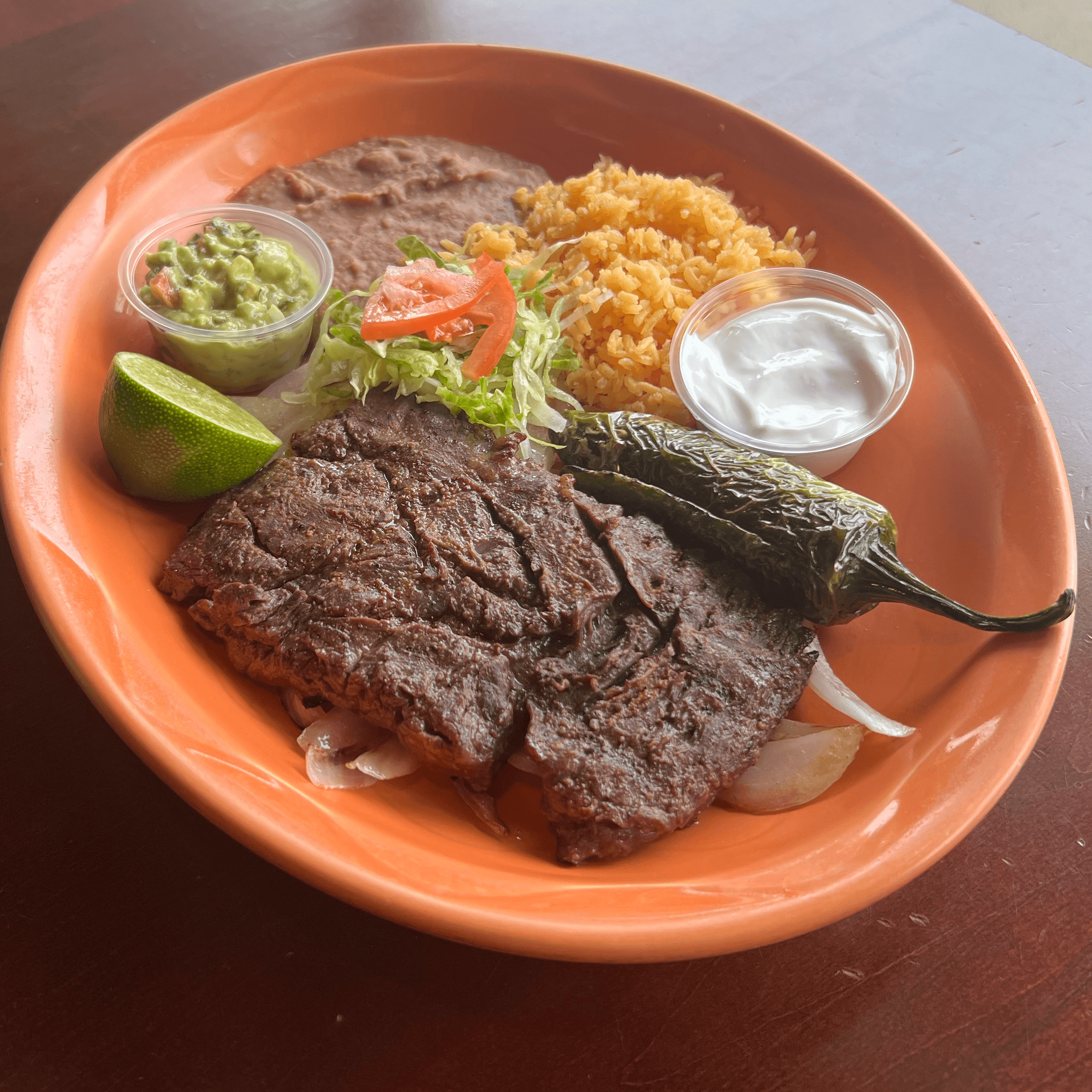 Carne asada lunch plate.