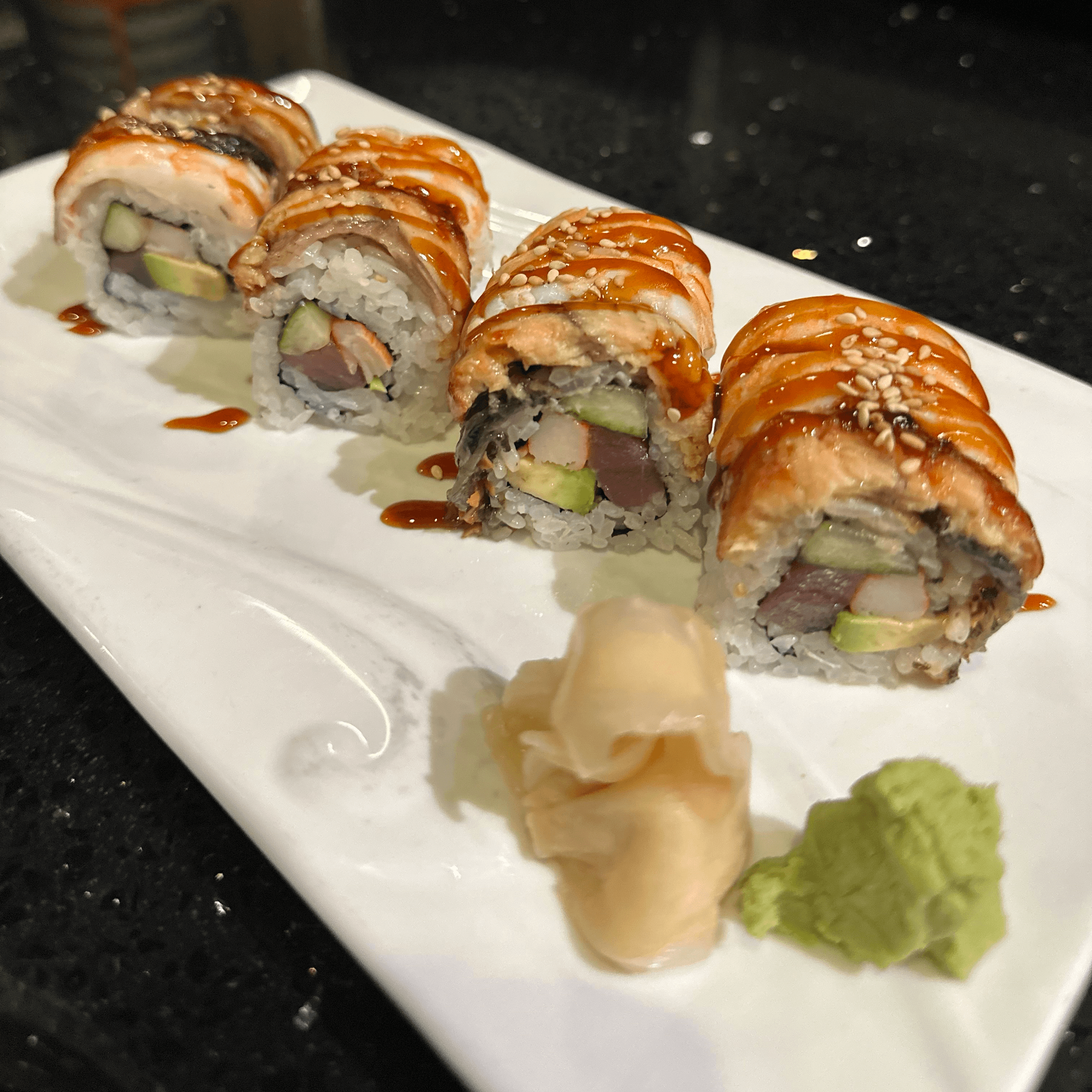 Kirin Roll - Tuna, crab, cucumber (eel, shrimp, avocado on top).