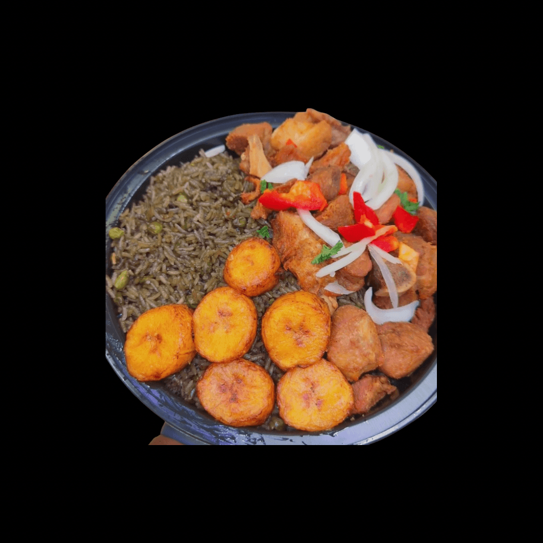 Fried Pork - Griyo (served with plantain and1 choice of white rice, rice and beans,  djondjon rice or  white rice and beans sauce).
