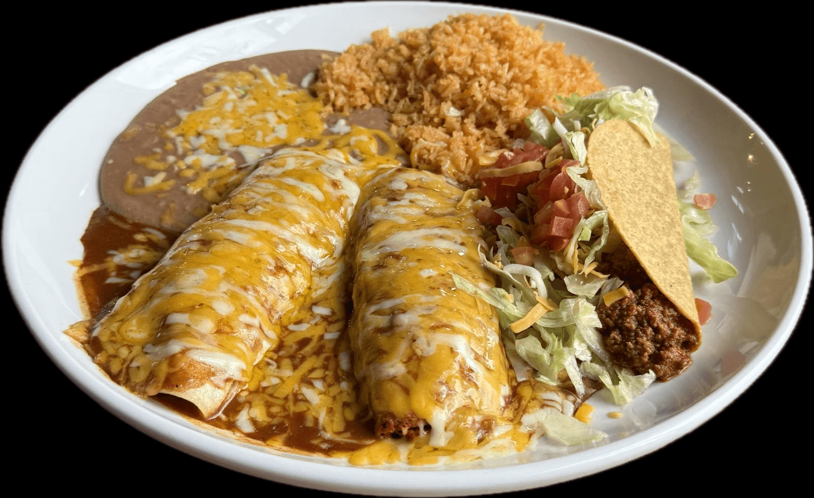 #21 1 Enchilada, 1 Tamale (Pork), and 1 Taco.