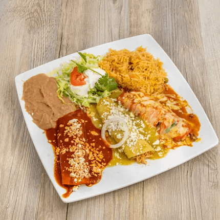 Three Enchiladas Tricolor, Rice & Beans, Etc. Substitute one enchilada for a crispy taco? see Bellow.