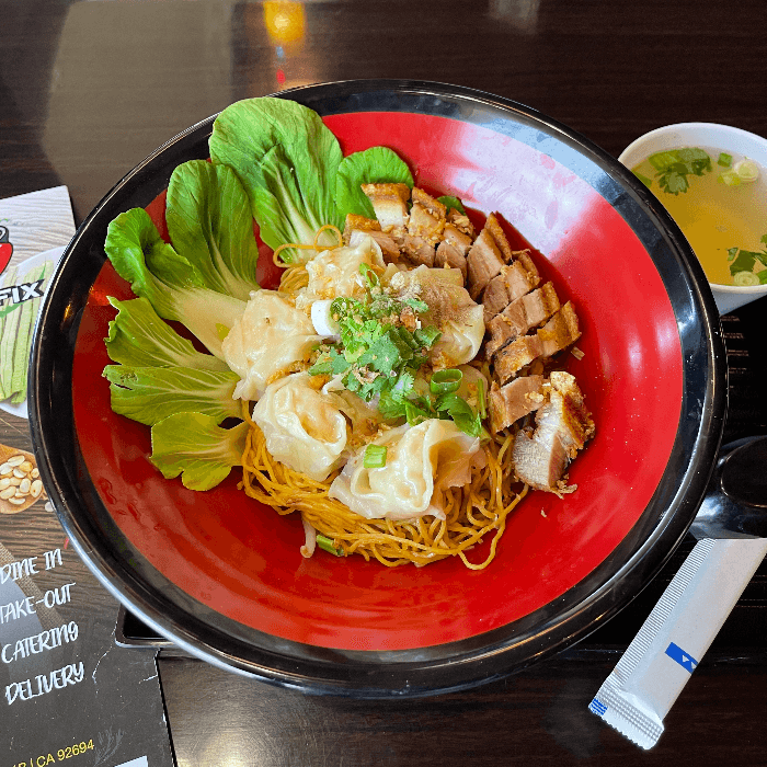 Crispy Pork Belly with Egg Noodles and Shrimp Wonton