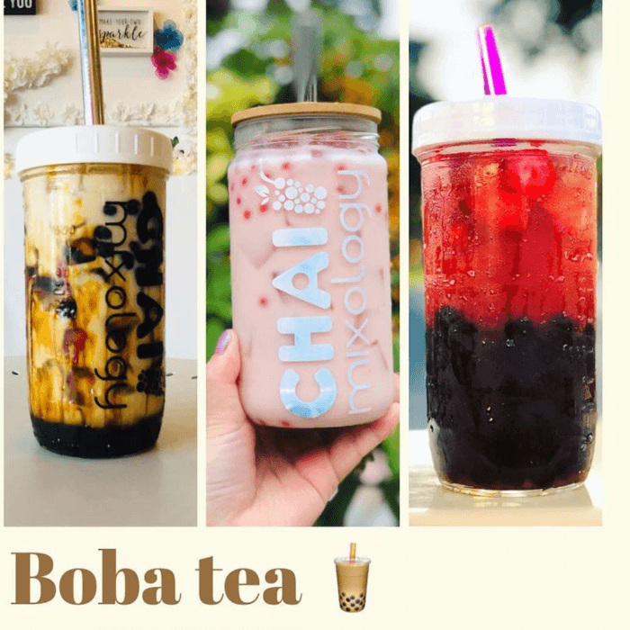 Bubble Tea + Glass Cup with bamboo lid + Stainless Steel Straw