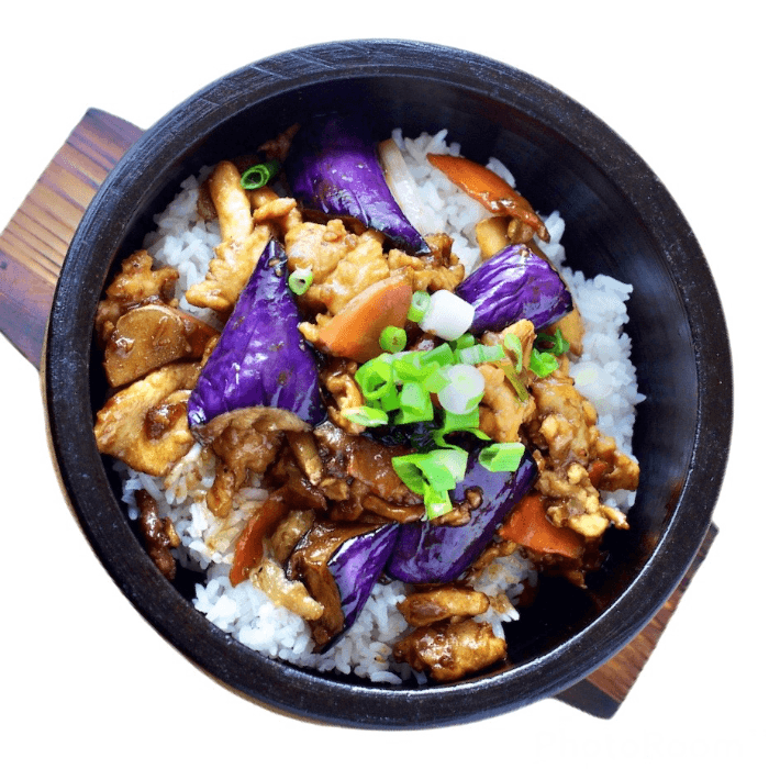 Eggplant Chicken Salted Fish Stone Rice Bowl with Fried Egg 咸鱼鸡粒茄子石锅饭
