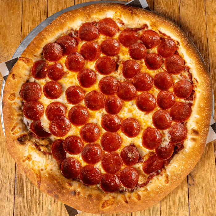 DOUBLE PEPPERONI-DOUBLE CHEESE PIZZA.