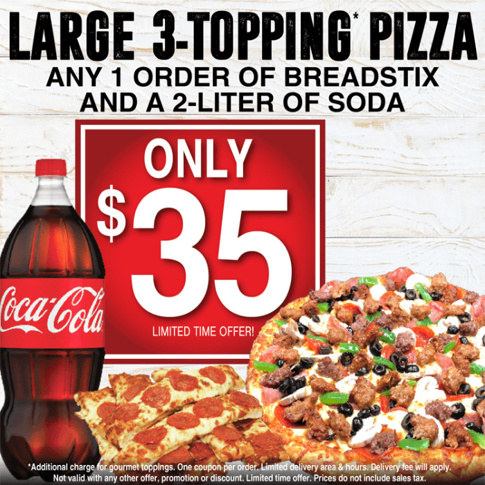 Large 3 Topping Pizza + Any 1 Order of Breadstix And a 2 Liter of SODA