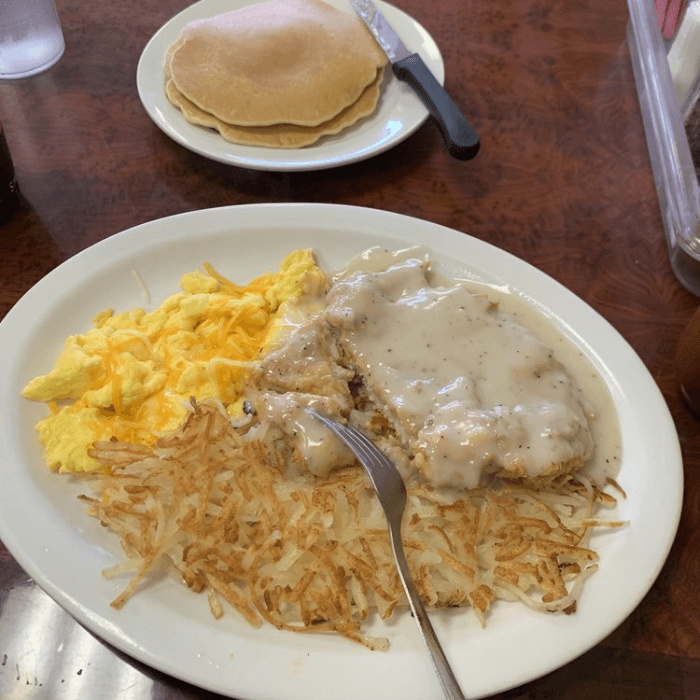 Chicken Fried Chicken & Eggs Plate with 2 Pancakes