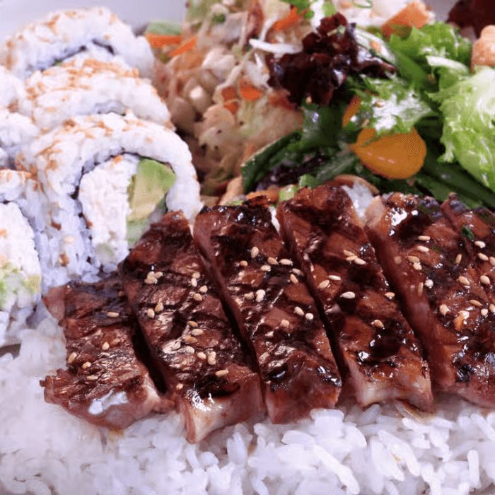 California Roll (6 Pieces) and Steak Plate.