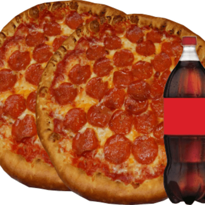#8 Two Large Cheese Pizzas & 2 Liter Soda.