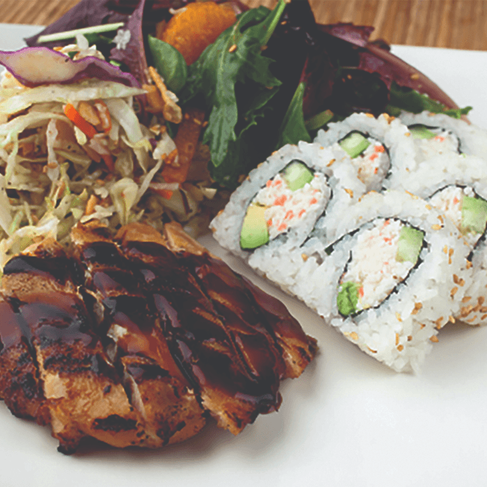 California Roll (6 Pieces) and Chicken Breast Plate.