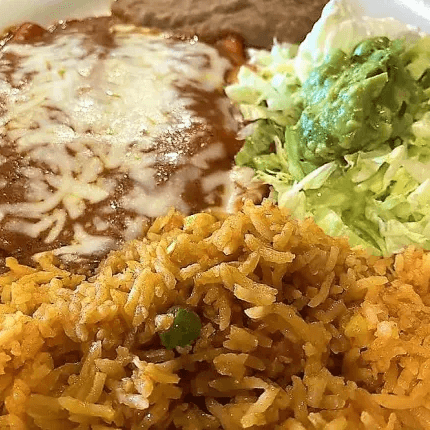 Three Tex-mex Enchiladas, Rice & Beans, Etc. Substitute one enchilada for a crispy taco? see Bellow.