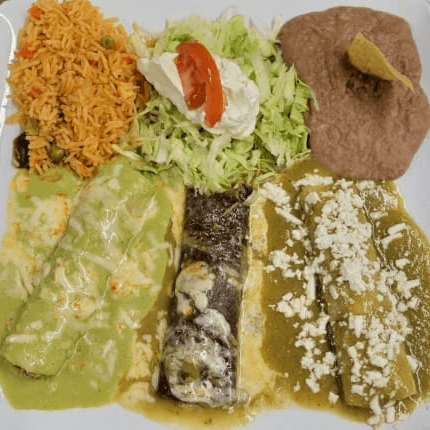 Three Green Enchiladas, Rice & Beans, Etc. Substitute one enchilada for a crispy taco? see Bellow.