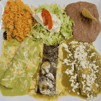 Three Green Enchiladas, Rice & Beans, Etc. 