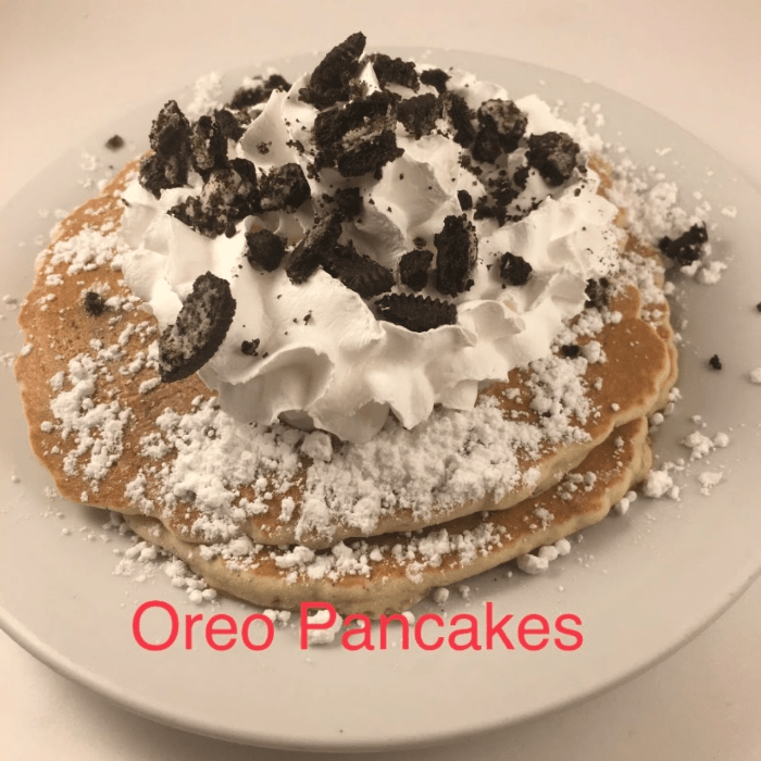 3 Oreo Cookies Pancake with Whipped Cream and Powdered Sugar