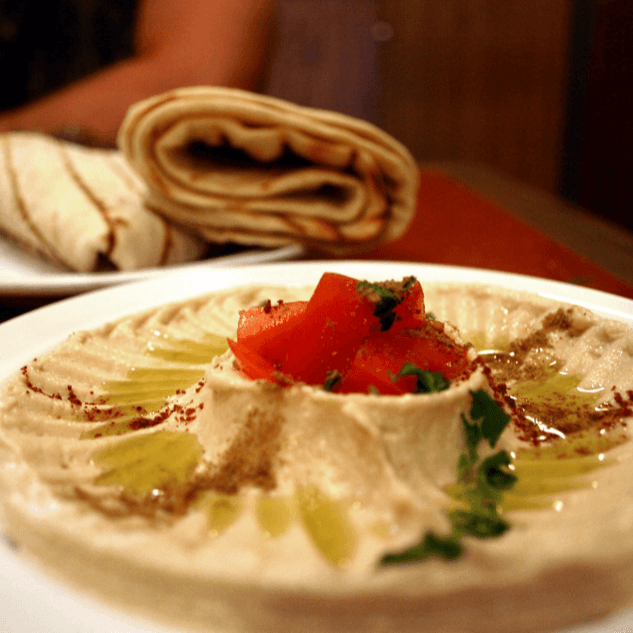Hummus with home-made flat bread 