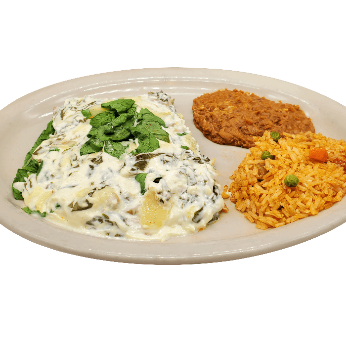Three Spinach Enchiladas, Rice & Beans, Etc. Substitute one enchilada for a crispy taco? see Bellow.
