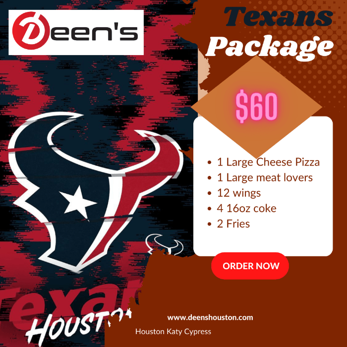 Texans Package 1 large cheese pizza 1 larger meat lovers 12 wings 2 Fries Large 4 16 oz cok
